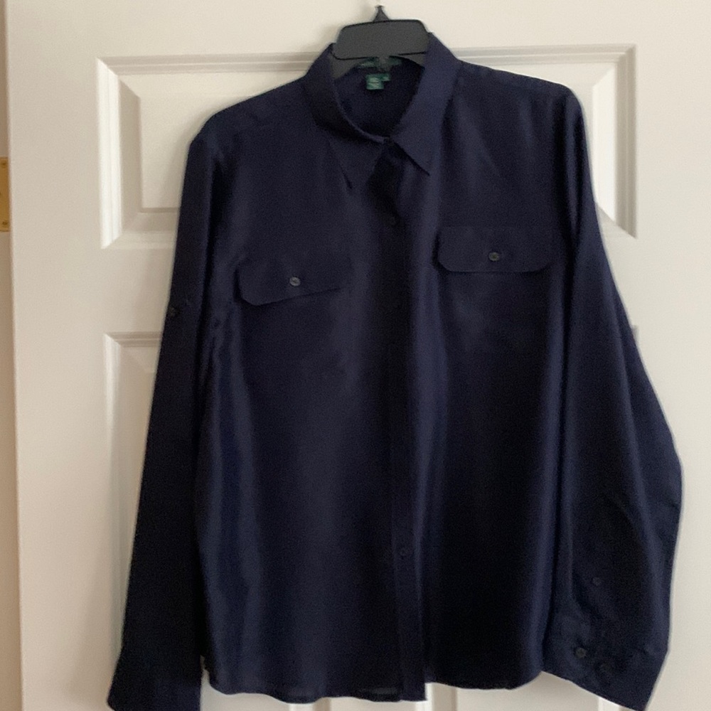 Ralph Lauren Navy Blue 100% Silk long sleeve blouse